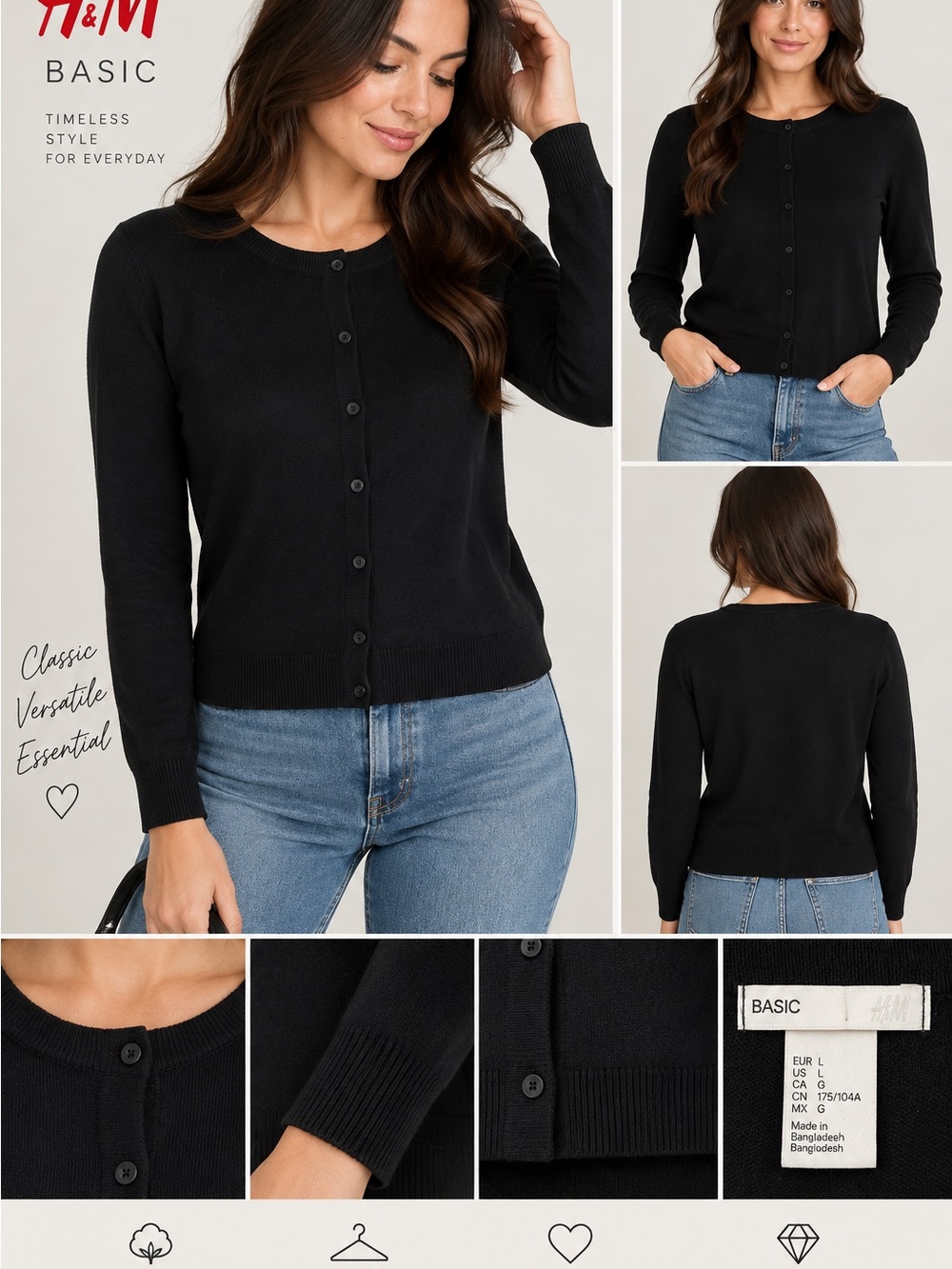 H&M Black Women's Button-Up Crewneck Cardigan